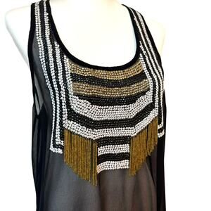 HAZEL Women's Large Tank Top Tunic Beaded Fringe Sequin Sheer Black Gold Sexy‎